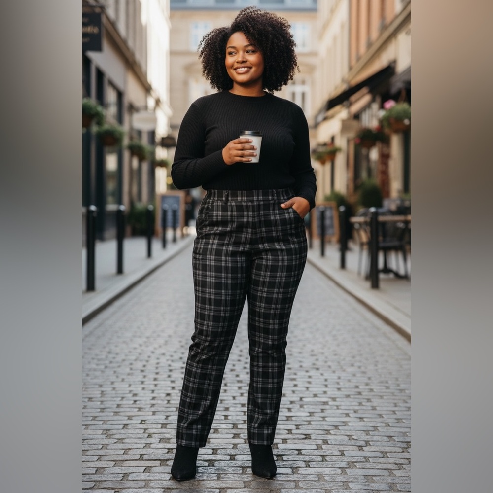 Ann Taylor Black and Gray Plaid Straight-Leg Trousers